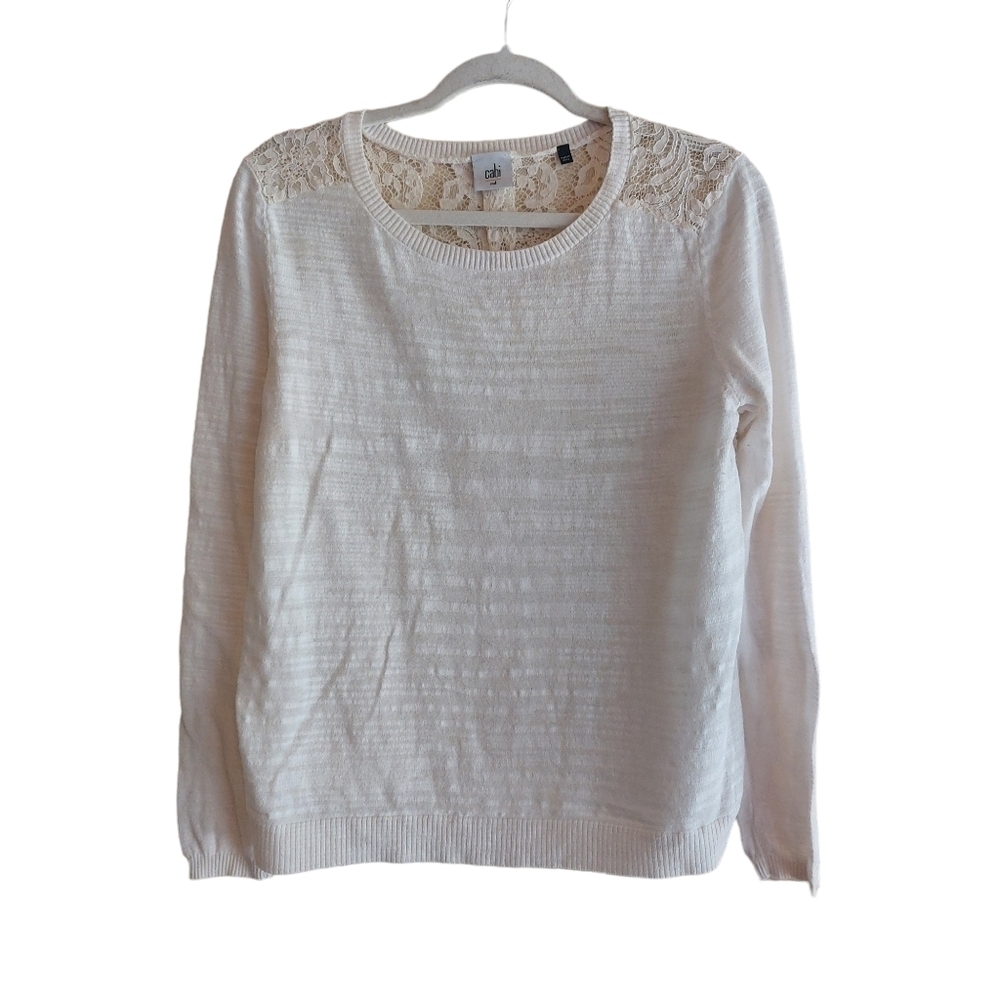 CAbi Long Sleeve Sophia Summer Crew Neck Sweater with Lace Back- size M